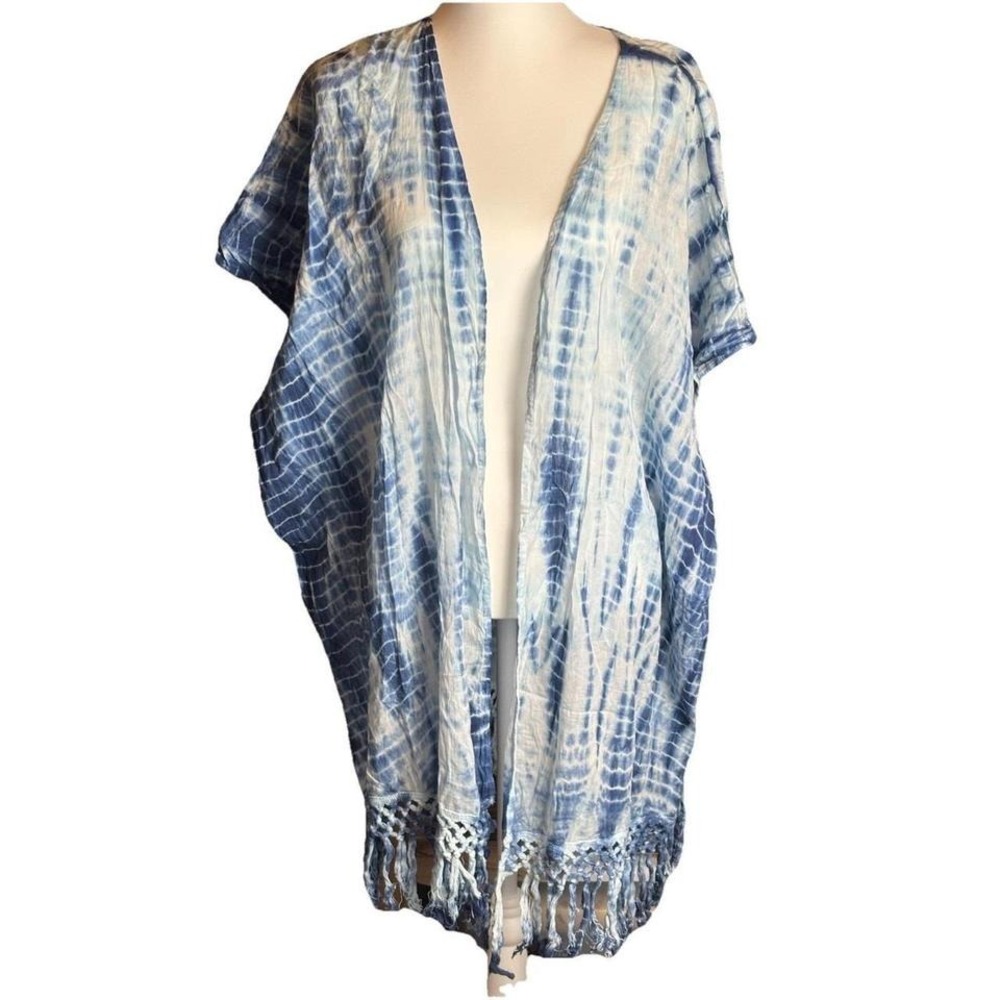 NWT Blue Tie Dye Kimono Wrap Fringed Modern Boho Summer Cover Up SZ L